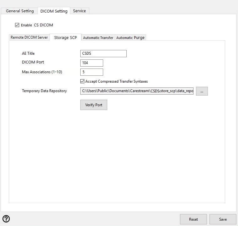 DICOM Storage SCP Settings