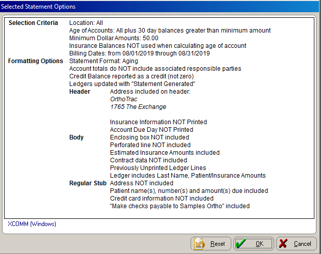 Selected Statement Options
